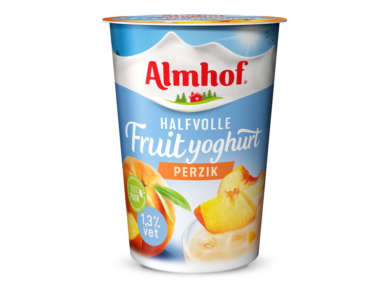 Halfvolle fruityoghurt met perzik, 1,3% vet, 100% puur.