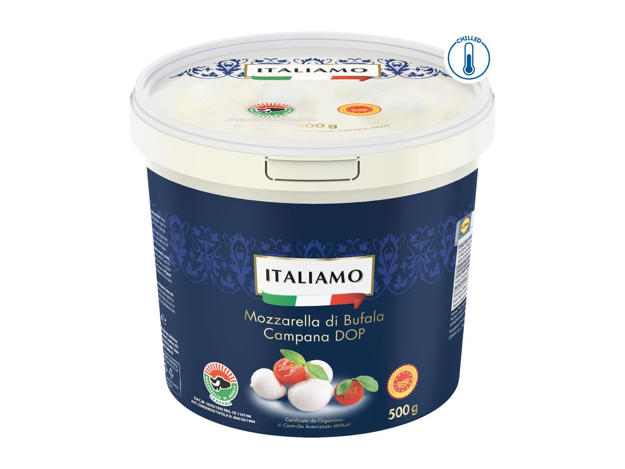 A tub of Mozzarella di Bufala Campana DOP, 500g, with a chilled icon.