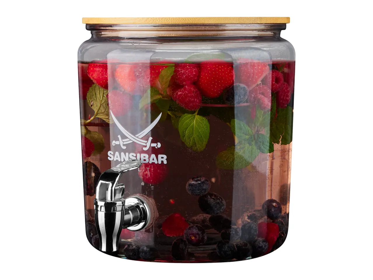 Glas-Getränkespender mit Zapfhahn, gefüllt mit Beeren und Minze, mit Sansibar-Logo