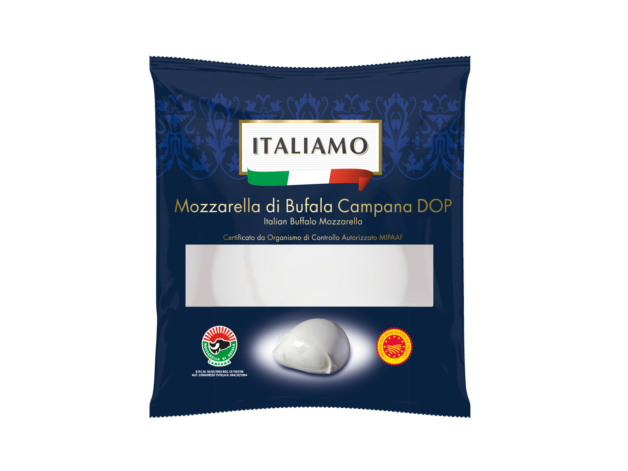 ITALIAMO Mozzarella di Bufala Campana DOP olasz bivalymozzarella csomagolása.