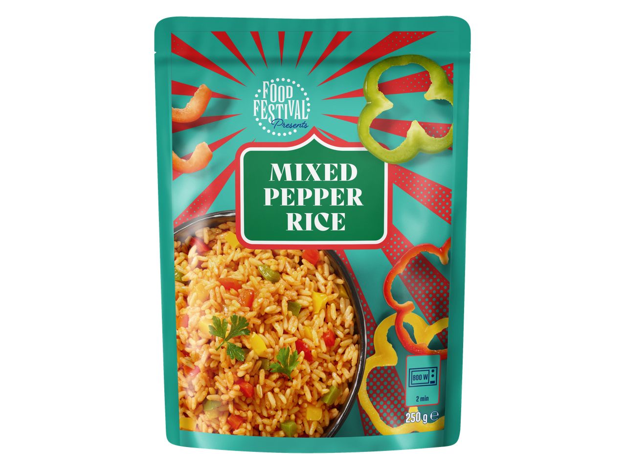 Embalagem de arroz com pimentos mistos Duc de Coeur, pronta a aquecer, com imagem de arroz e pimentos.