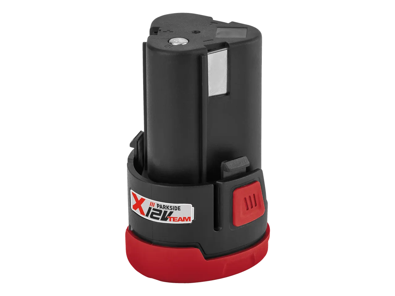A black and red 12V power tool battery with a charge indicator and the text 'X 12V TEAM'.