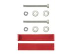 Two sets of bolts, nuts, and washers, with two red plastic pieces below.
