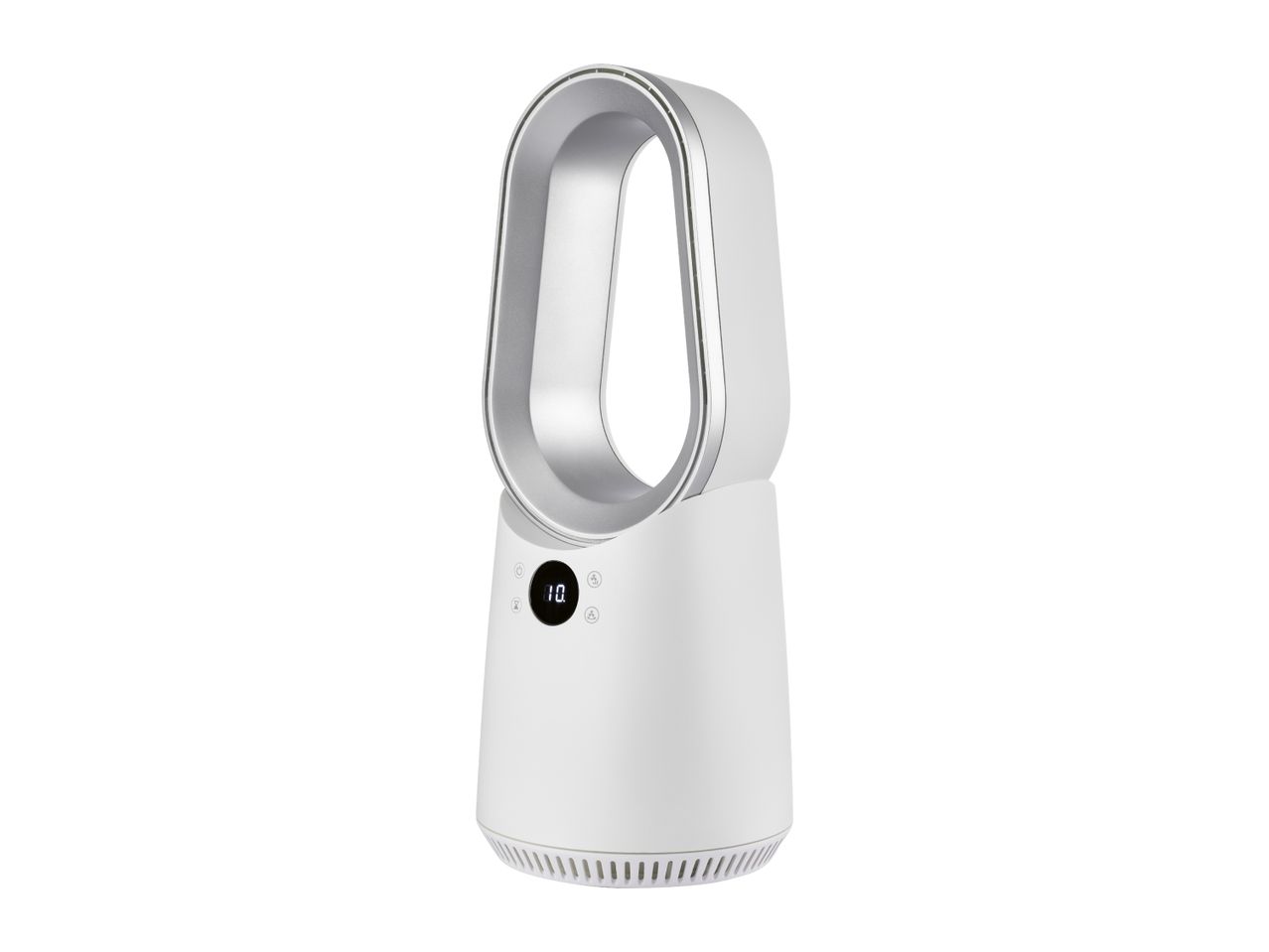 White bladeless fan with a digital display showing '10' and control icons.