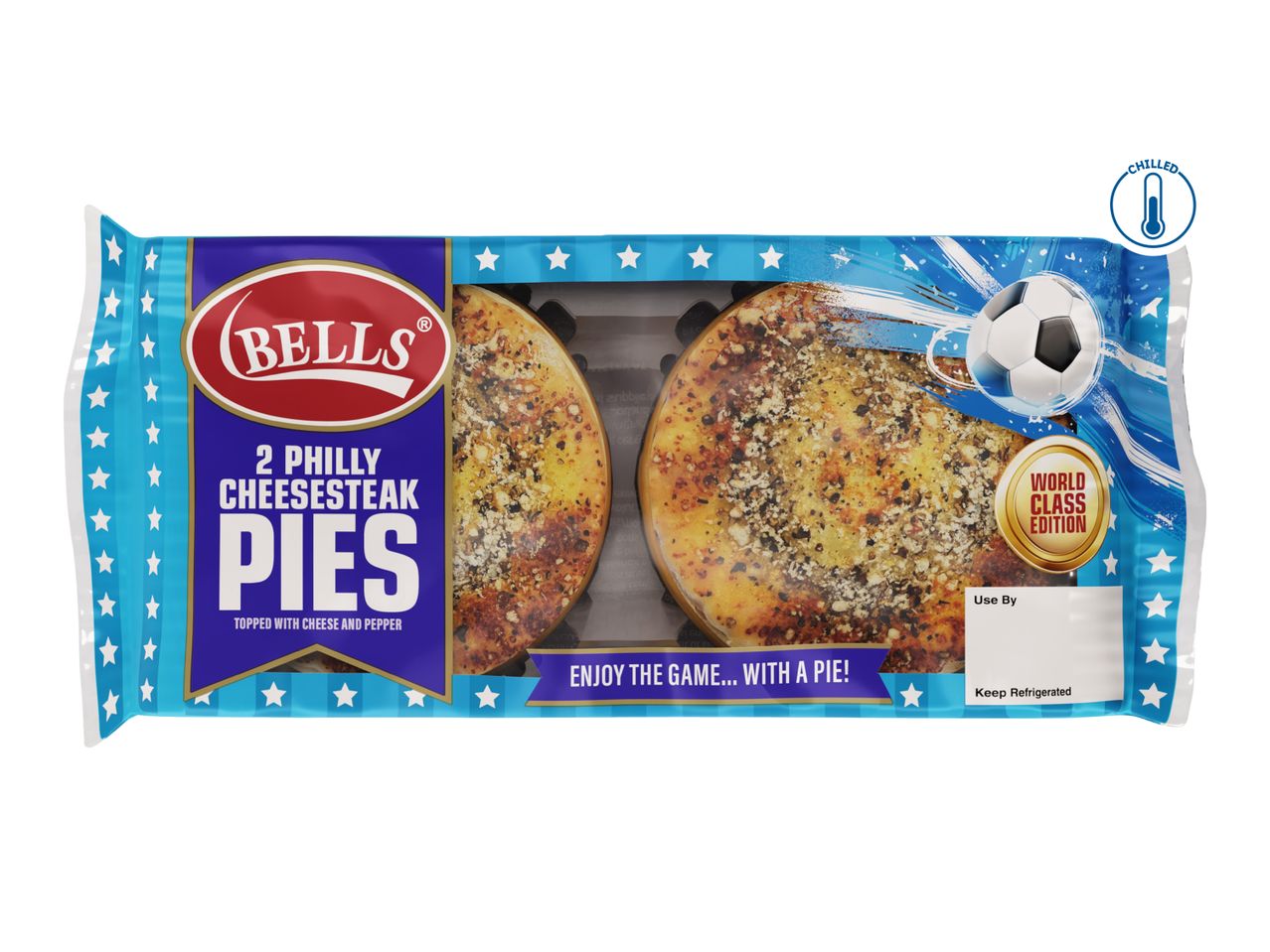 Two chilled Philly cheesesteak pies topped with cheese and pepper, in a 'World Class Edition' football-themed packaging.