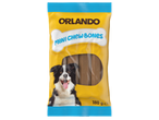 Жълта опаковка с лакомства за кучета, с надпис „Mini Chew Bones“ и изображение на куче.