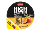 Sobremesa de quark Milbona rica em proteínas, sabor pêssego e maracujá, com 62g de proteína por pote.