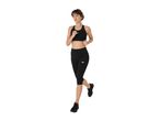 Woman running in black sports bra and capri leggings