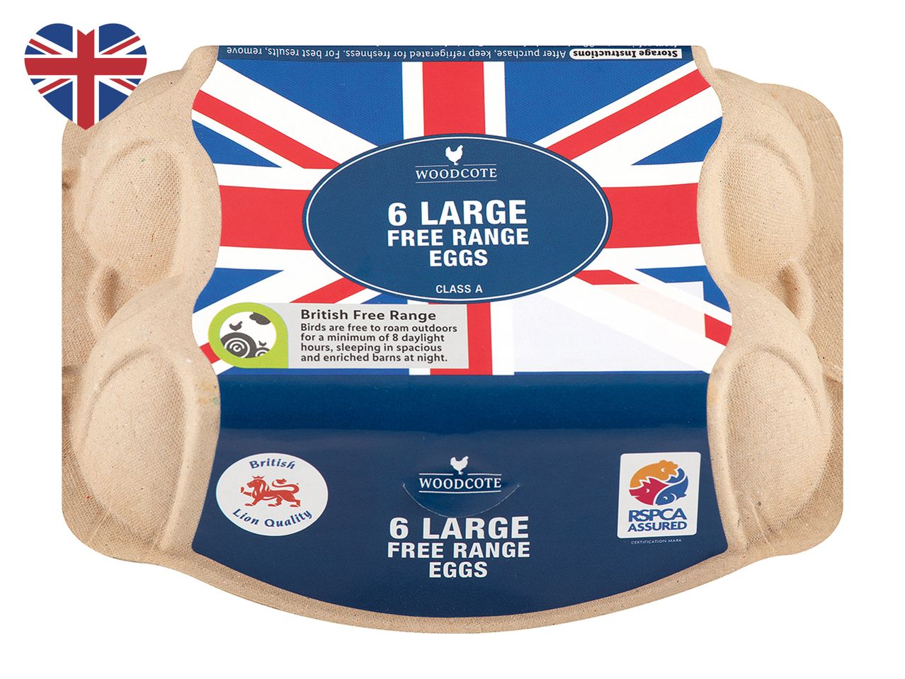 6 large Woodcote free range eggs, RSPCA Assured.