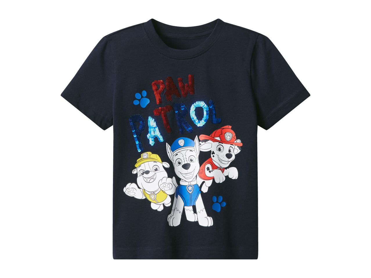 A navy blue Paw Patrol t-shirt for kids features sequin lettering and character graphics.