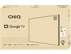 Verpakking van Chiq Google Smart TV 55-inch televisie met Google TV-logo, 4K UHD en energielabel.