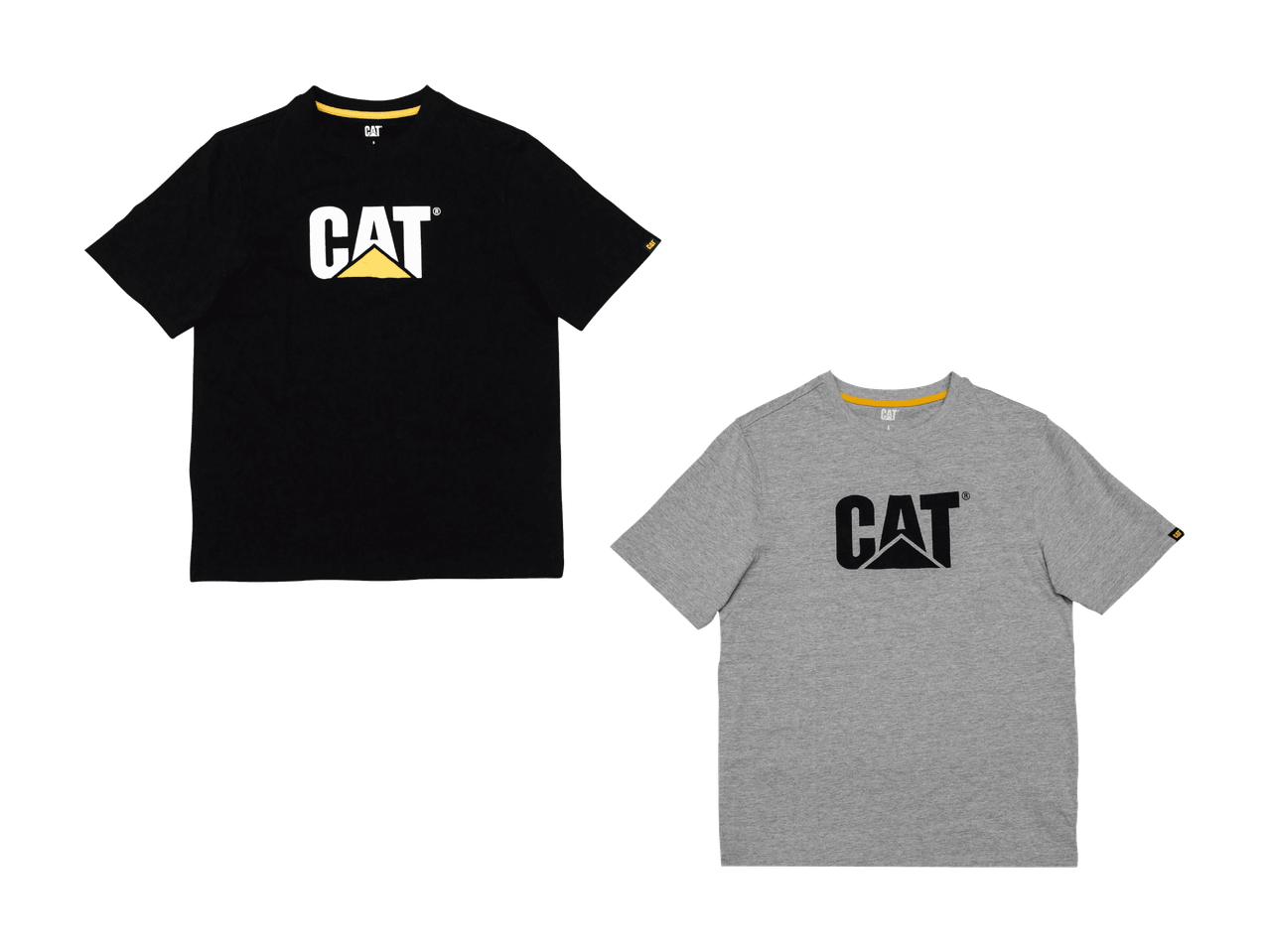 Deux t-shirts à manches courtes, l'un noir avec un logo blanc et jaune, l'autre gris avec un logo noir.