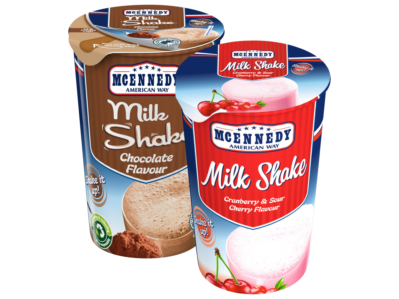 Two MCENNEDY Milk Shakes: Chocolate and Cranberry & Sour Cherry flavours.