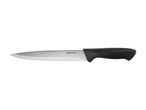 A stainless steel kitchen knife with a black handle.
