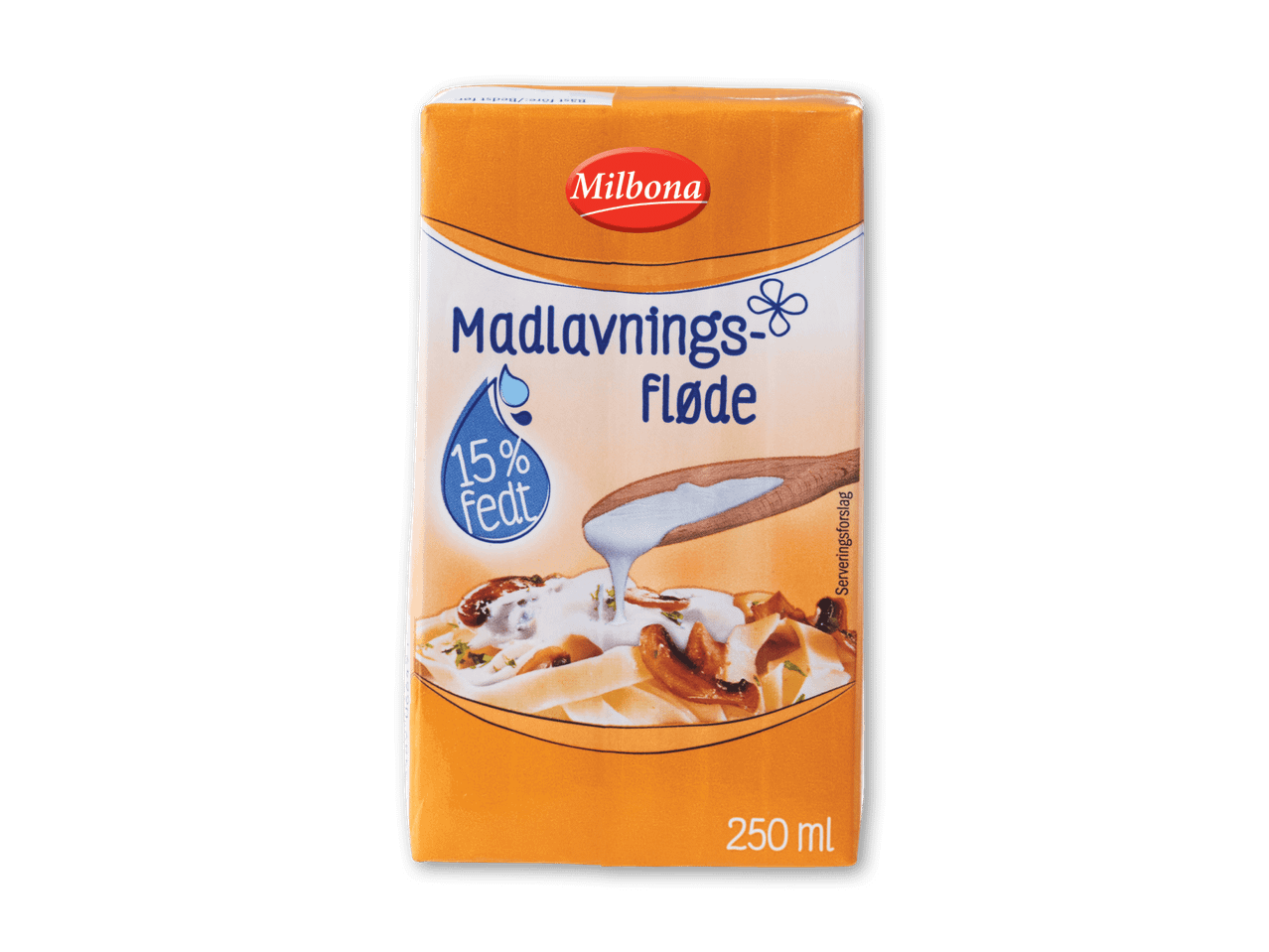 Madlavningsfløde med 15% fedt i en 250 ml pakke, med et billede af pasta med svampe og flødesauce.