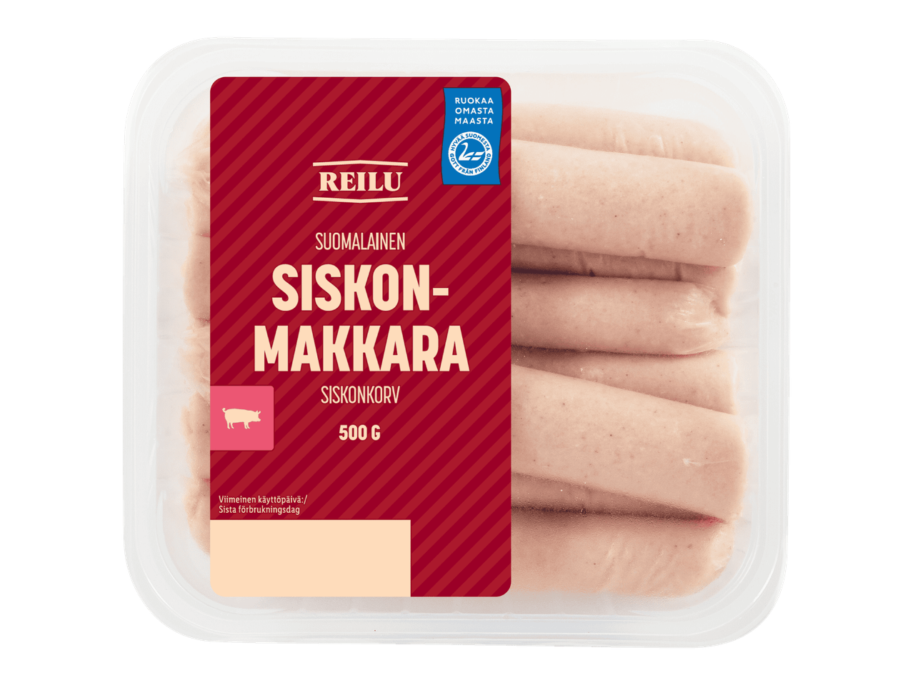 Pakkaus siskonmakkaraa, jossa on punainen etikettti ja tekstiä.
