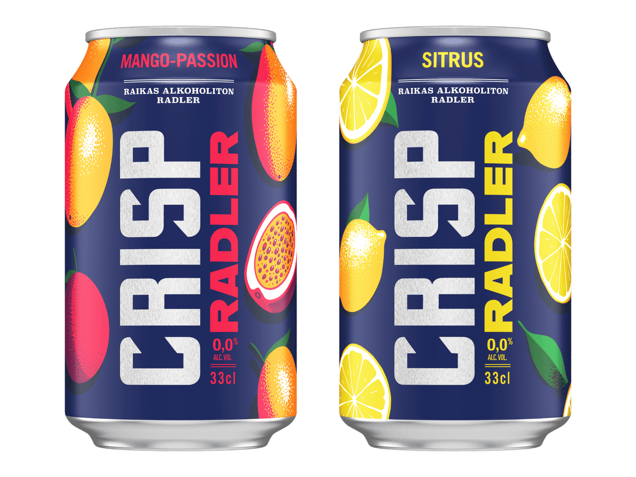Kaksi Crisp Radler -tölkkiä, toinen mango-passionhedelmä ja toinen sitruuna.