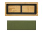 Bamboo frame with product information and a green abrasive pad.