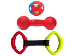 Brinquedos Nerf Dog: bola, halteres e anel.