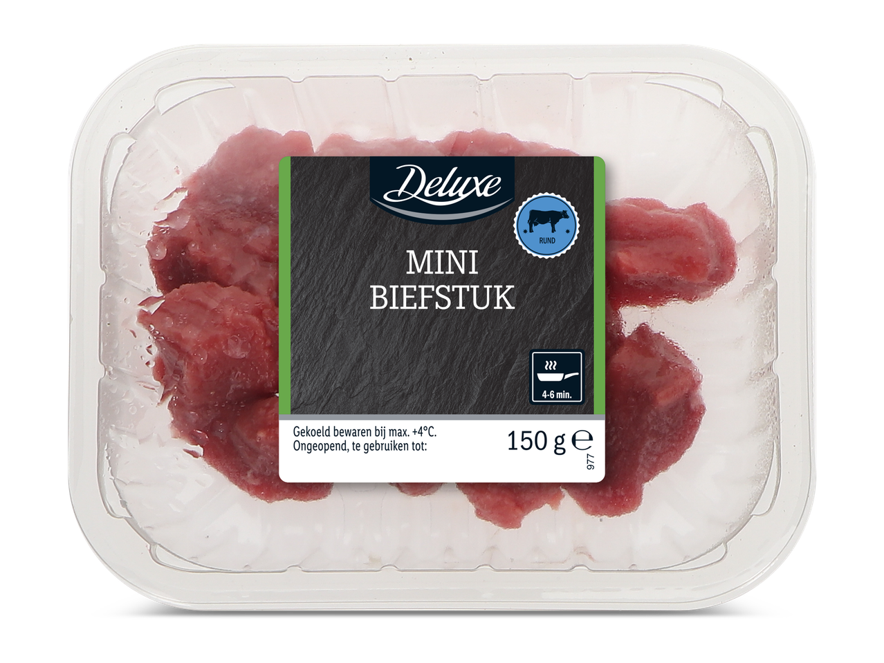 Verpakking met mini biefstuk van rundvlees, 150g, met bereidingsinstructies en bewaaradvies.