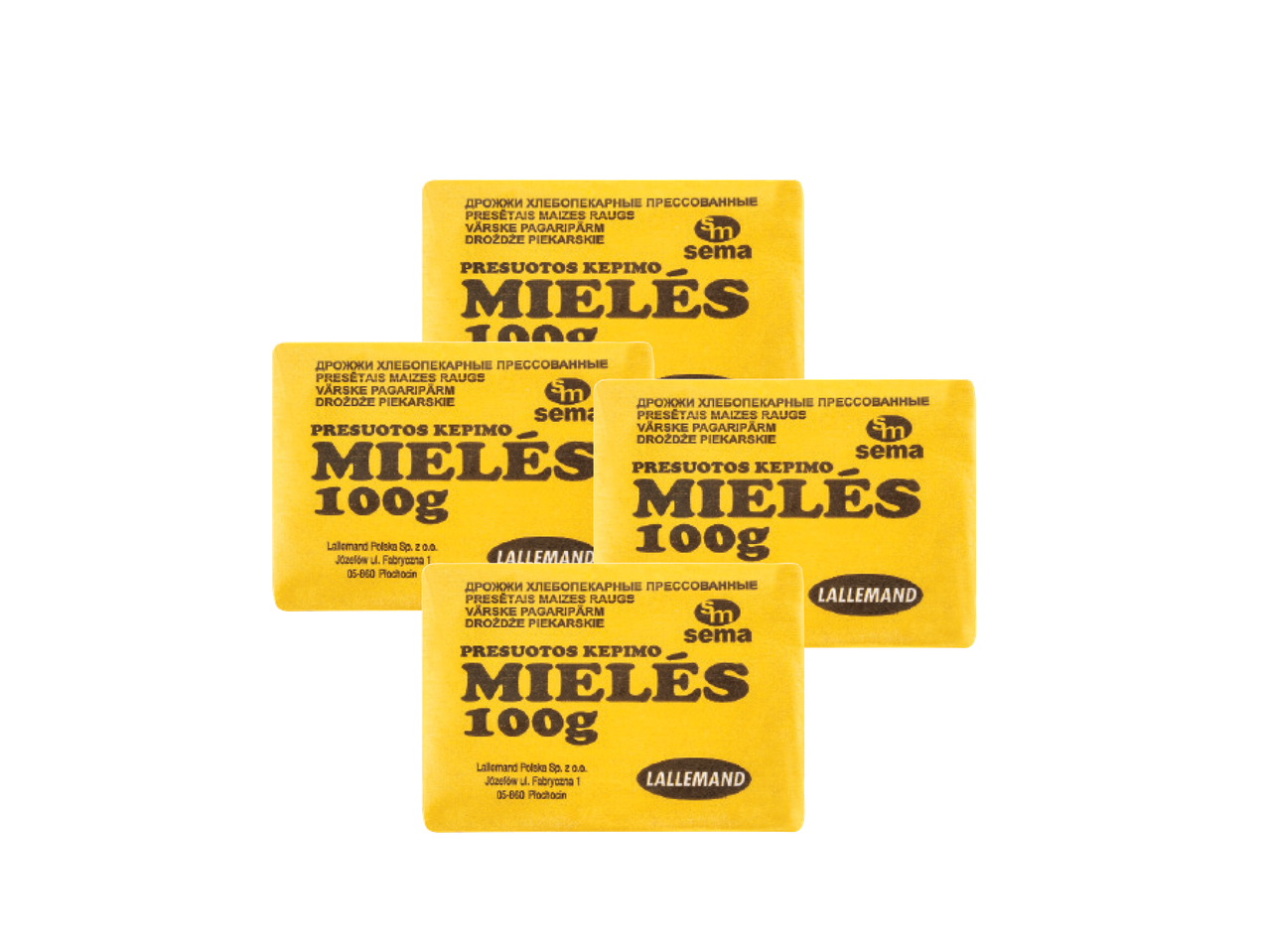 Keturi geltoni „Mielės“ 100g pakeliai su „Sema“ ir „Lallemand“ logotipais.