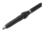 Close-up of the lower section of a black trekking pole with a silver tip and adjustment mechanism.