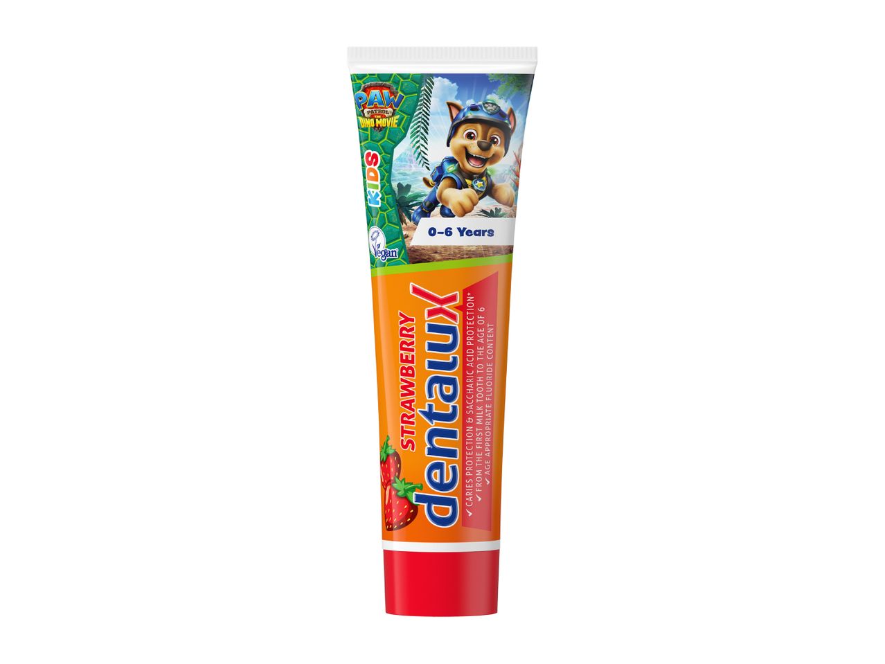 Kids' strawberry toothpaste with Paw Patrol design, for ages 0-6, offering caries protection.