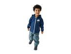 A young boy in a blue rain jacket with a cloud design and matching rain pants.