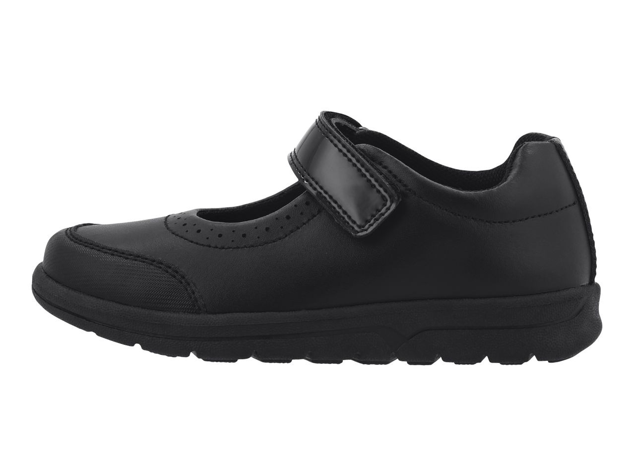 Black children's school shoe with a single hook-and-loop strap closure.