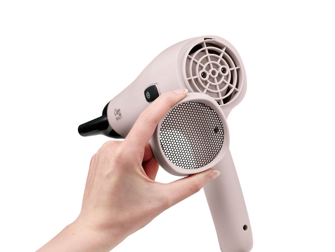Mão segurando um secador de cabelo iónico rosa Cien BEAUTY com filtro removível.