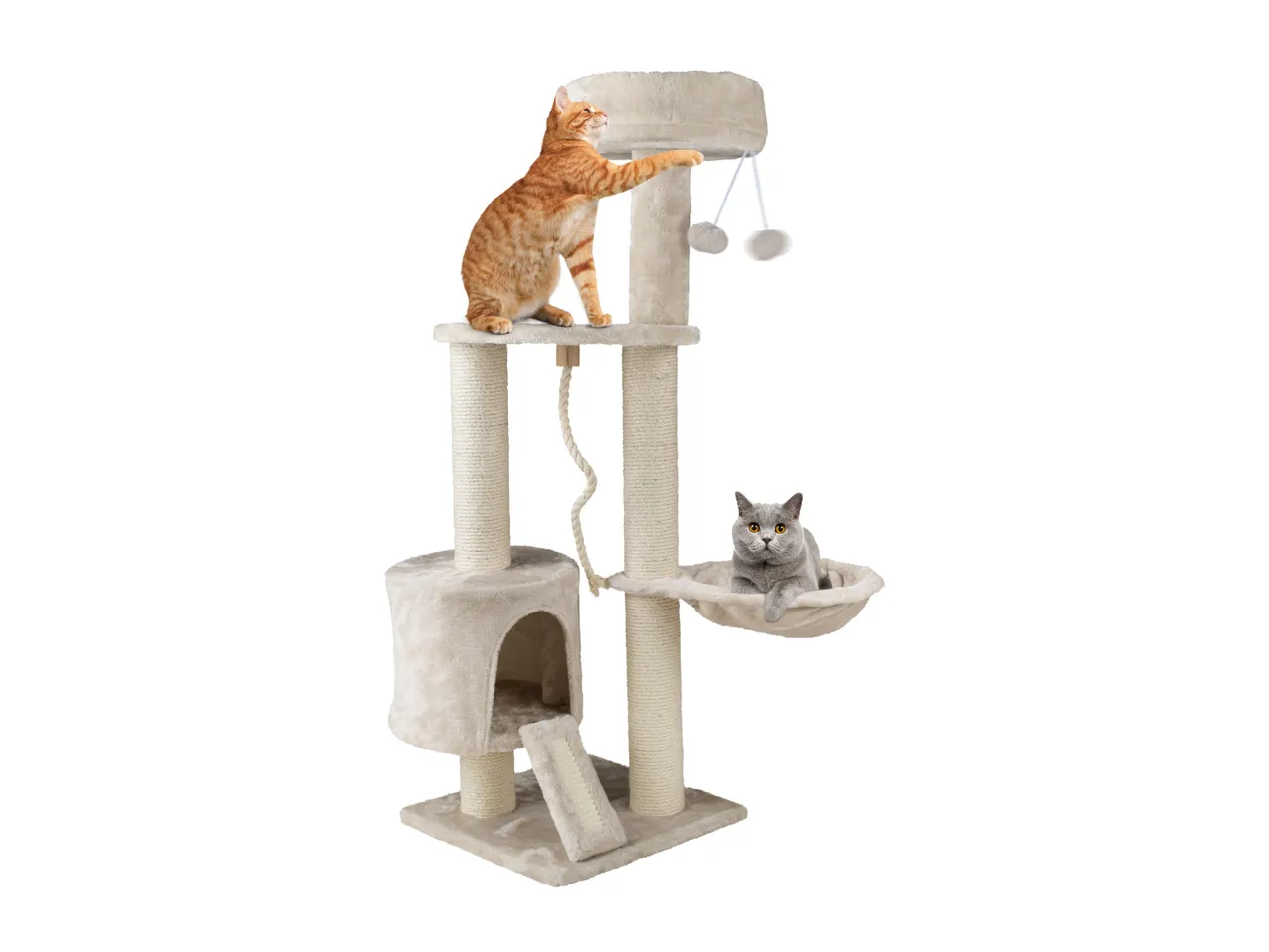 Beige cat tree with two cats; an orange tabby playing with a toy and a grey British Shorthair relaxing in a hammock.