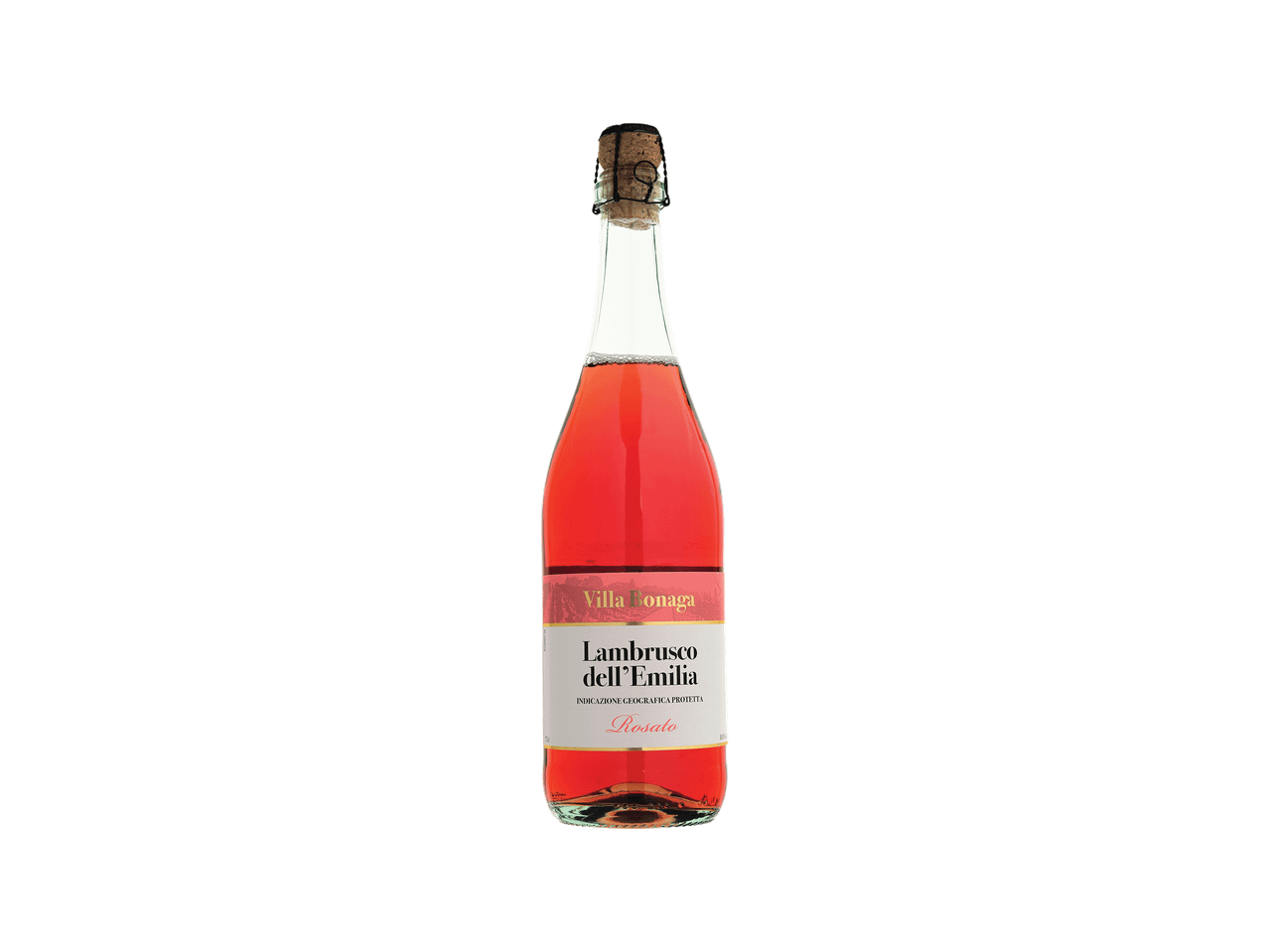 Garrafa de vinho rosé espumante com rótulo branco e vermelho.