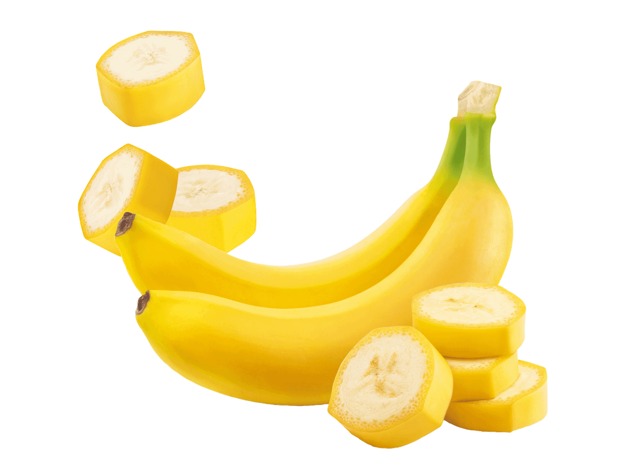 Küpsed banaanid ja viilutatud banaanitükid mustal taustal.