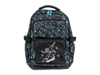 Mochila CRELANDO com padrão de skate e relâmpagos, com gráfico de um skater.