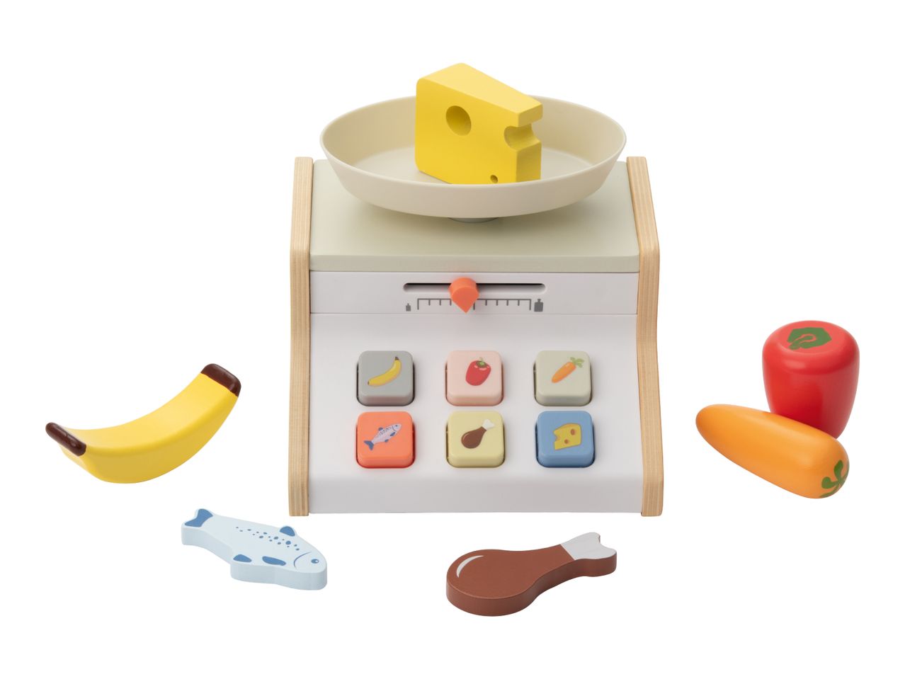 Toy grocery scale with a block of cheese, banana, fish, chicken leg, tomato, and carrot.