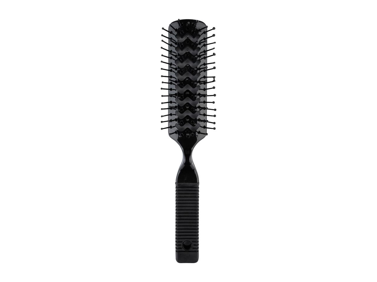 Black hairbrush with a vented design and a textured handle.