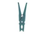A teal plastic clothespin with a metal spring.
