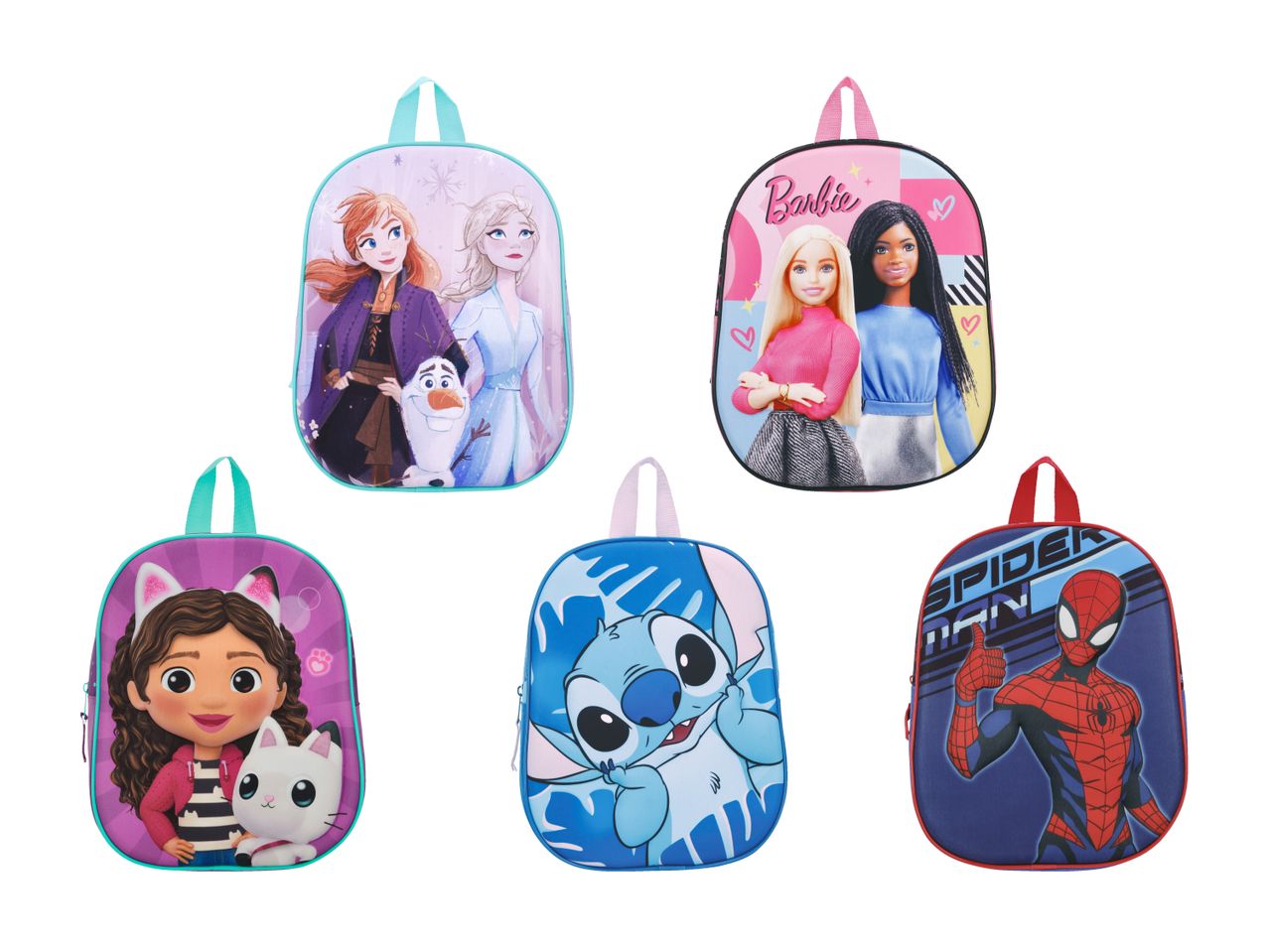 Sacs à dos pour enfants avec des personnages de dessins animés comme Barbie, Elsa, Stitch et Spiderman.