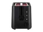 Black toaster with two slots, reheat, defrost, and cancel buttons, and a browning control knob.