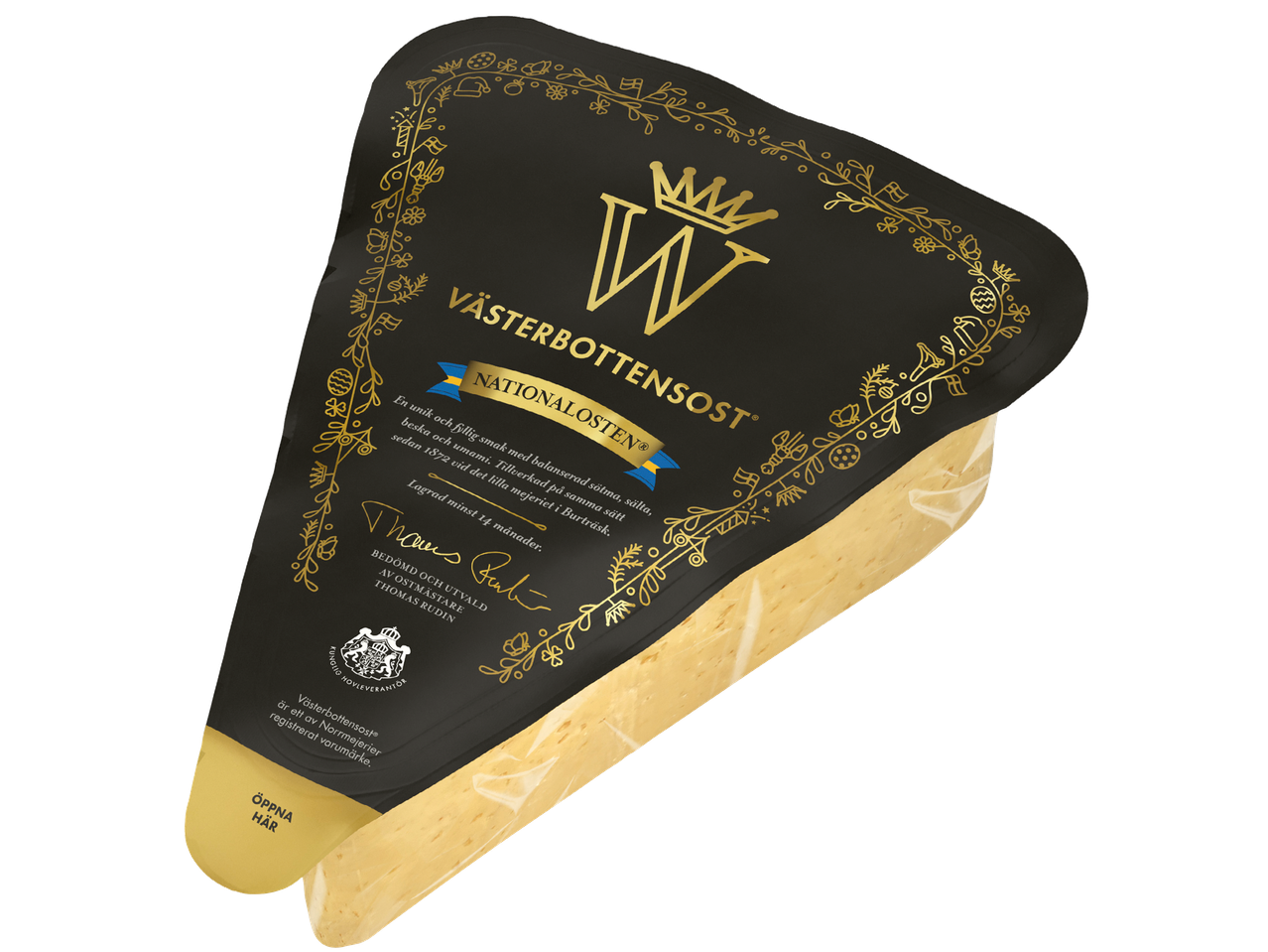 Västerbottensost®, en unik ost med fyllig smak, presenteras i elegant förpackning.