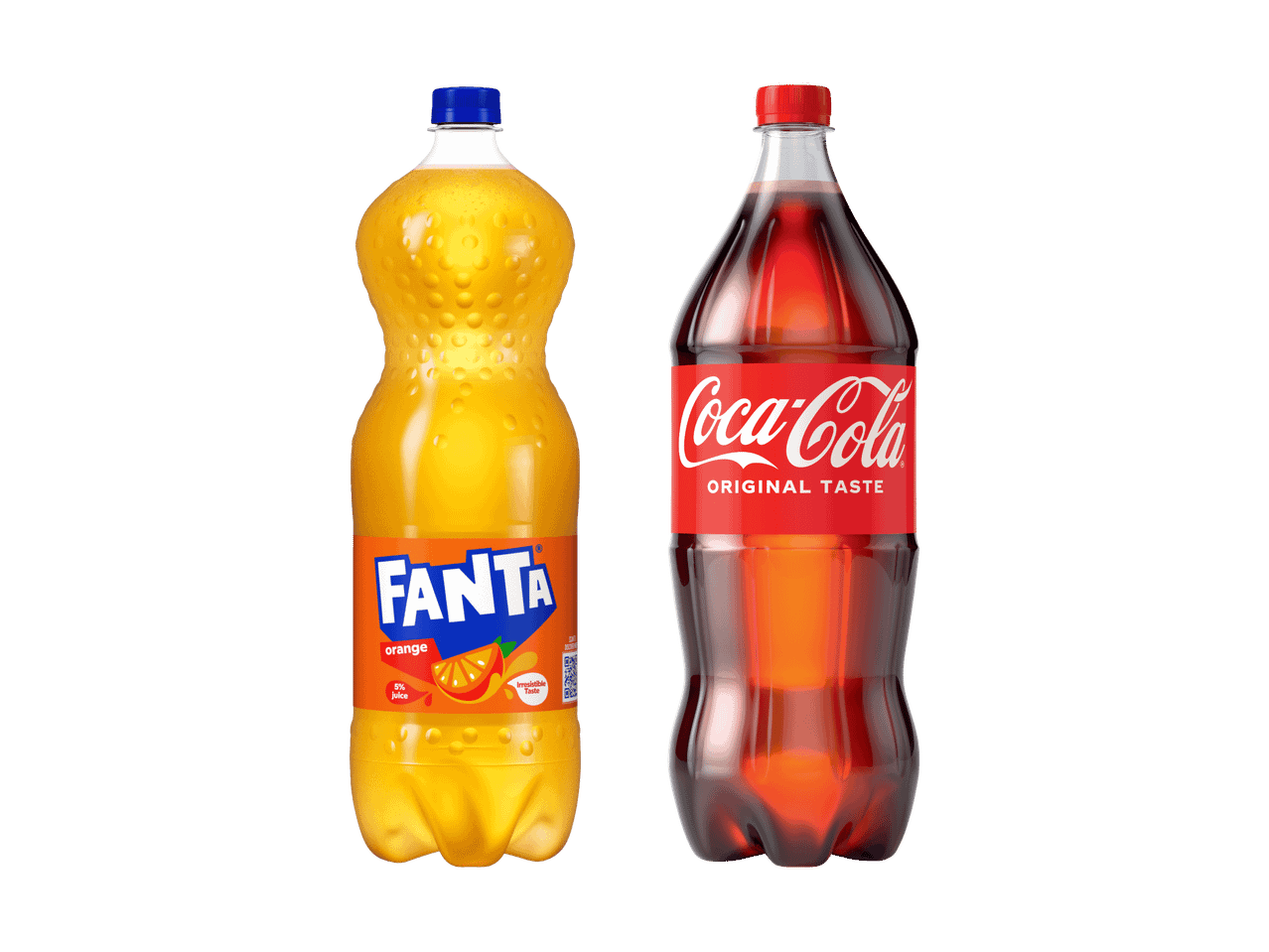 Zwei große Flaschen Fanta Orange und Coca-Cola Original Taste