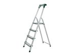 A silver stepladder with green accents, featuring four steps and a top platform.