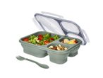 Green collapsible lunch box with salad, nuts, and fruit, with a matching spork.