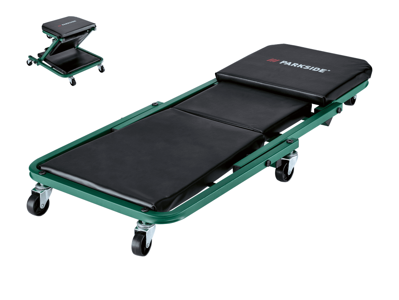 PARKSIDE-mekaanikon alusta ja istuin vihreällä rungolla ja mustilla pehmusteilla