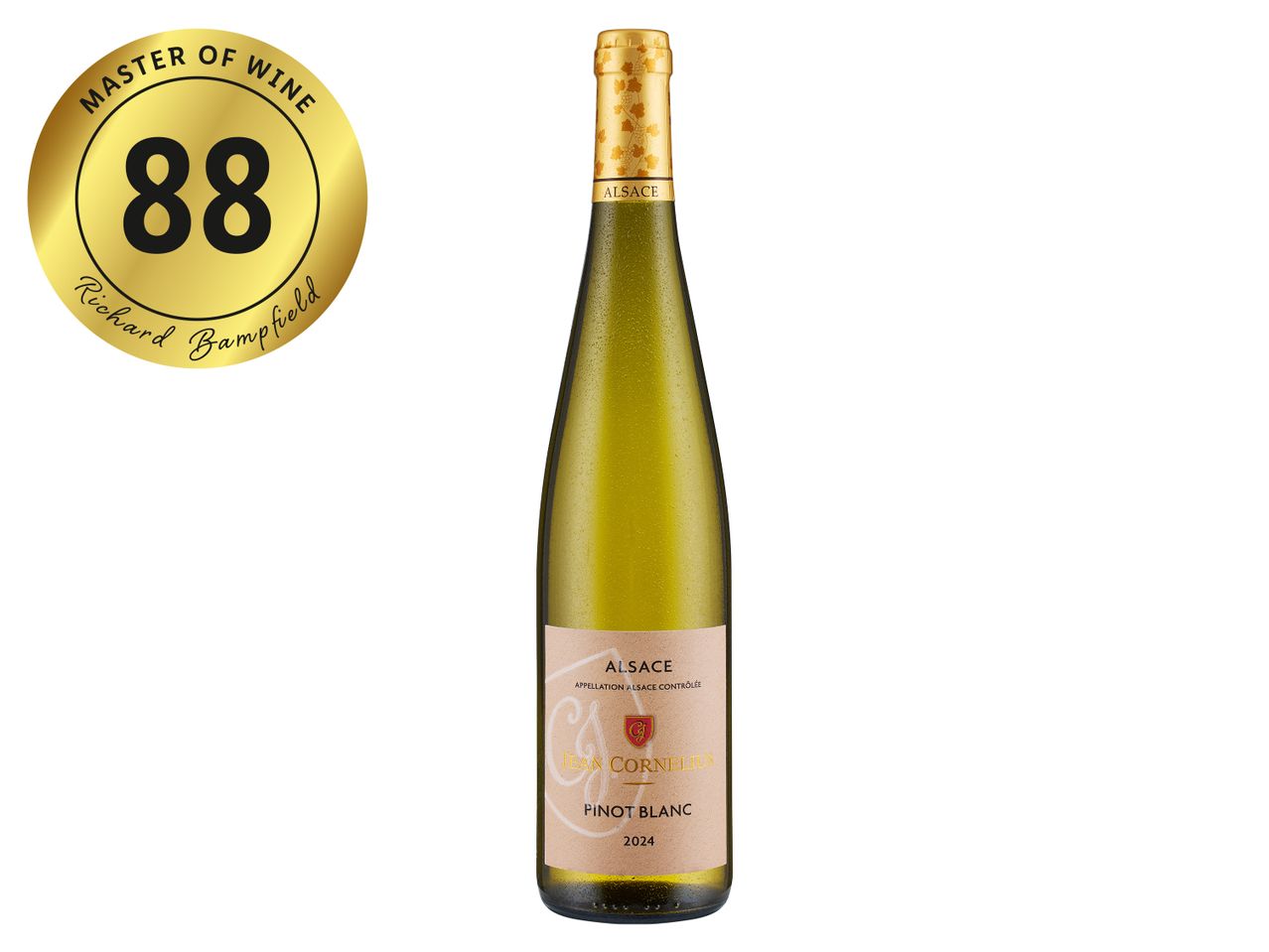 Jean Cornelius Pinot Blanc 2024 Alsace wine bottle with an 88-point Master of Wine rating.