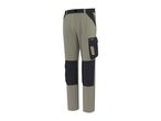 Men's work trousers in beige and black with multiple pockets.