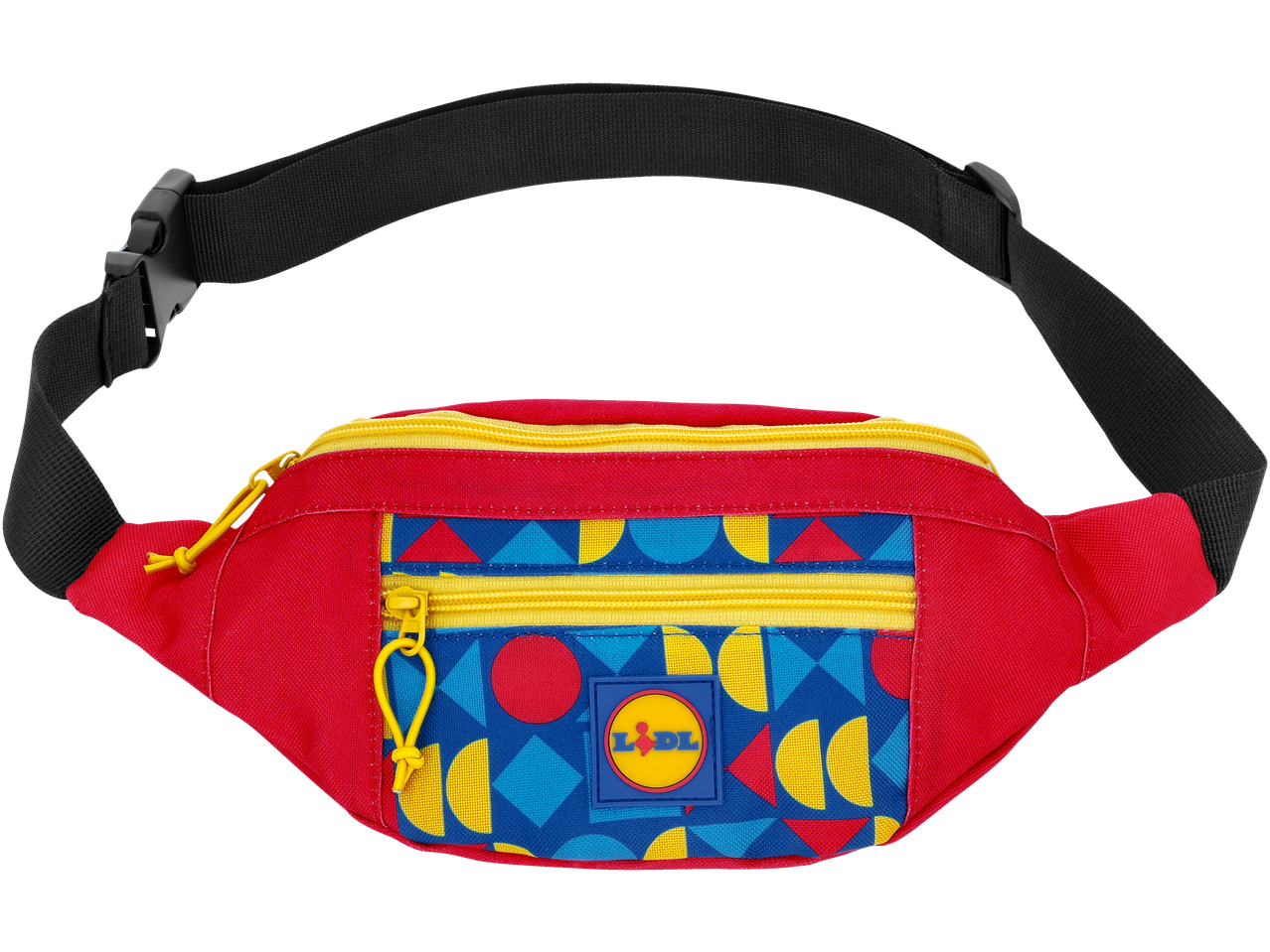 Lidl Bum Bag in red with a colorful geometric pattern and yellow zippers.