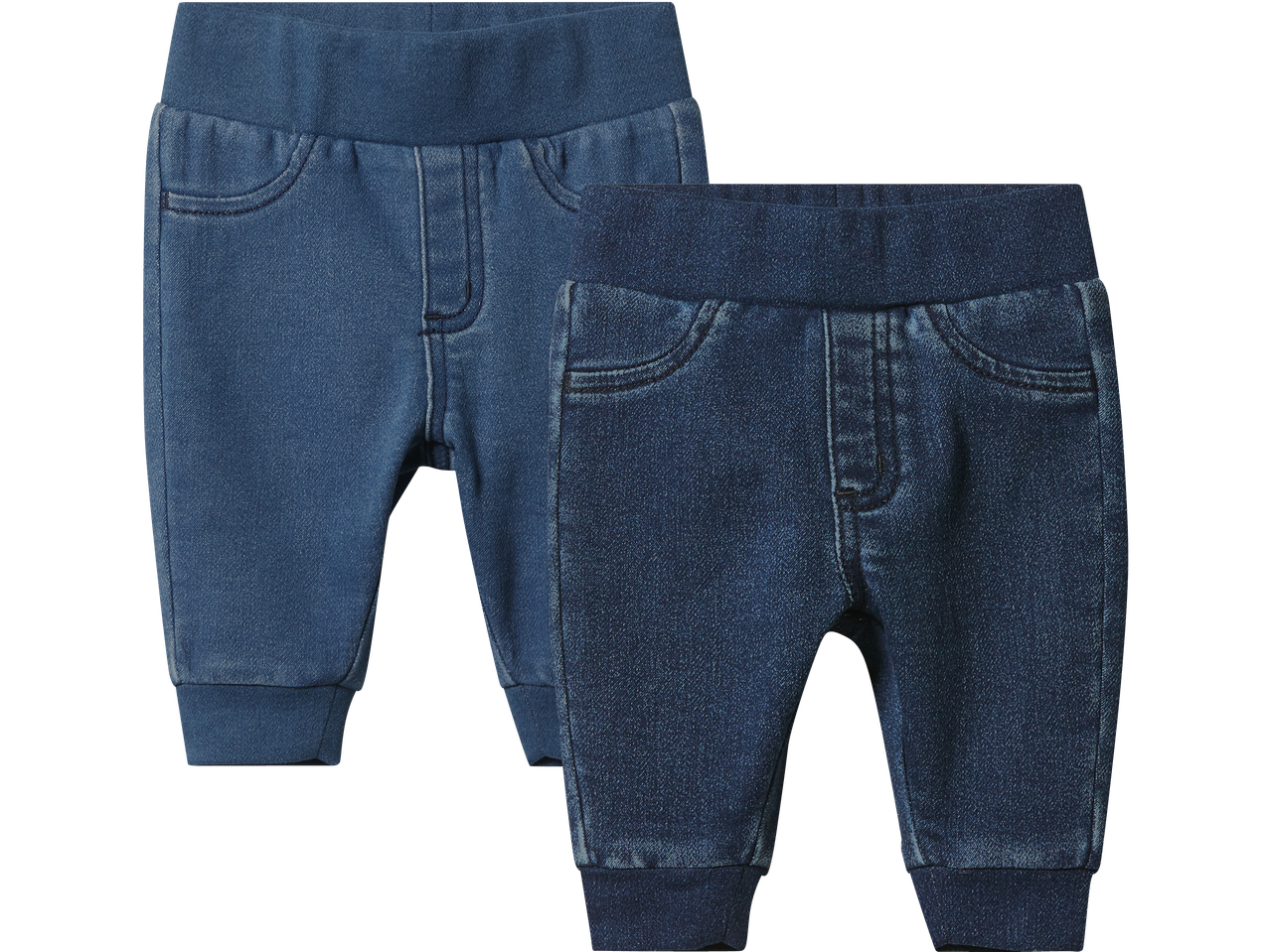 Två par blåa babyjeans med resår i midjan och muddar vid anklarna.