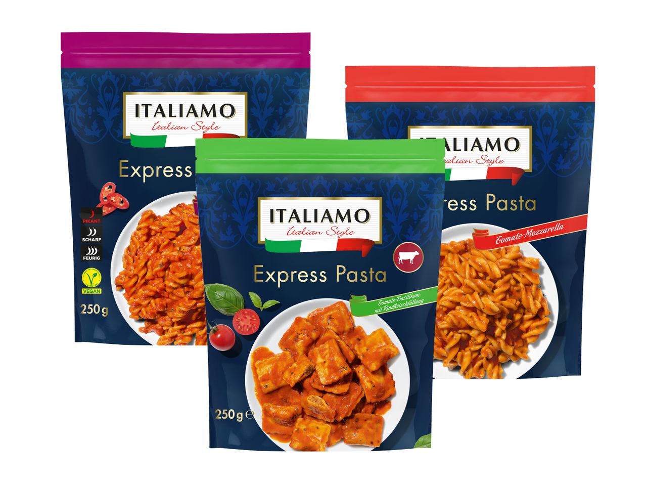 Drei Packungen Italamo Express Pasta in verschiedenen Geschmacksrichtungen.