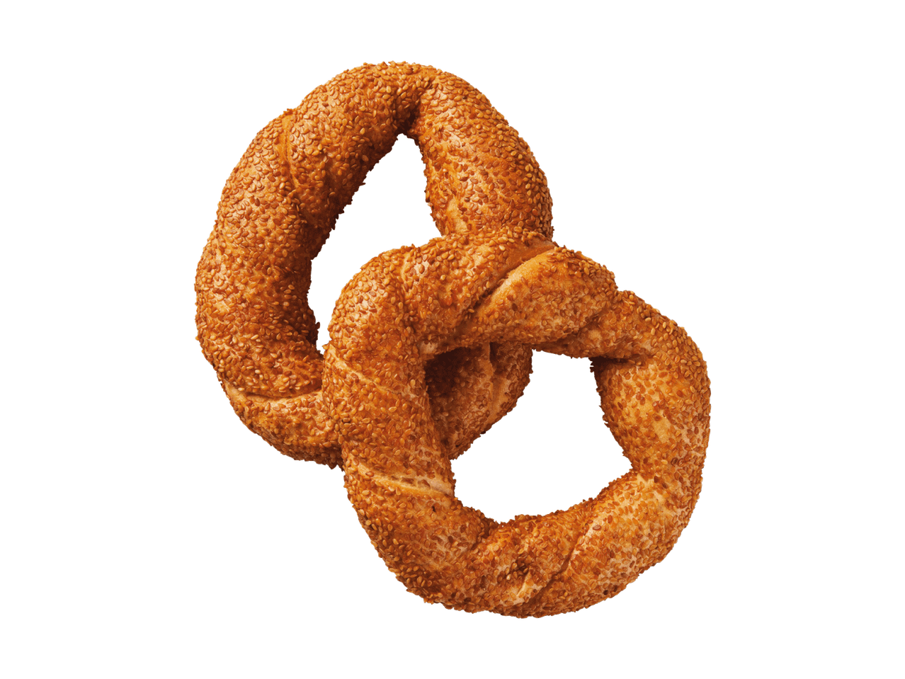 Zwei ineinander verschlungene Simit mit Sesamsamen auf schwarzem Hintergrund.